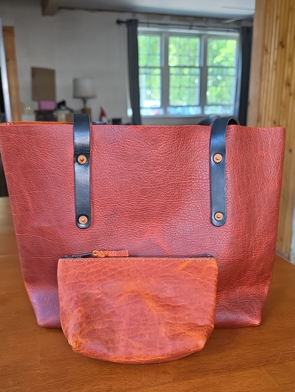 Go Forth Goods Medium Avery Leather Tote Bag & Small Zipper Pouch - Tangerine